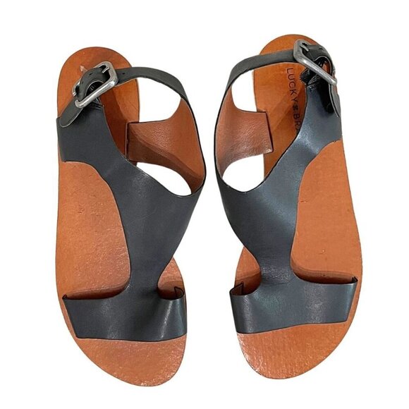 NWOT LUCKY BRAND DEVYN BLACK LEATHER T-STRAP SANDALS - 10 - Picture 4 of 9
